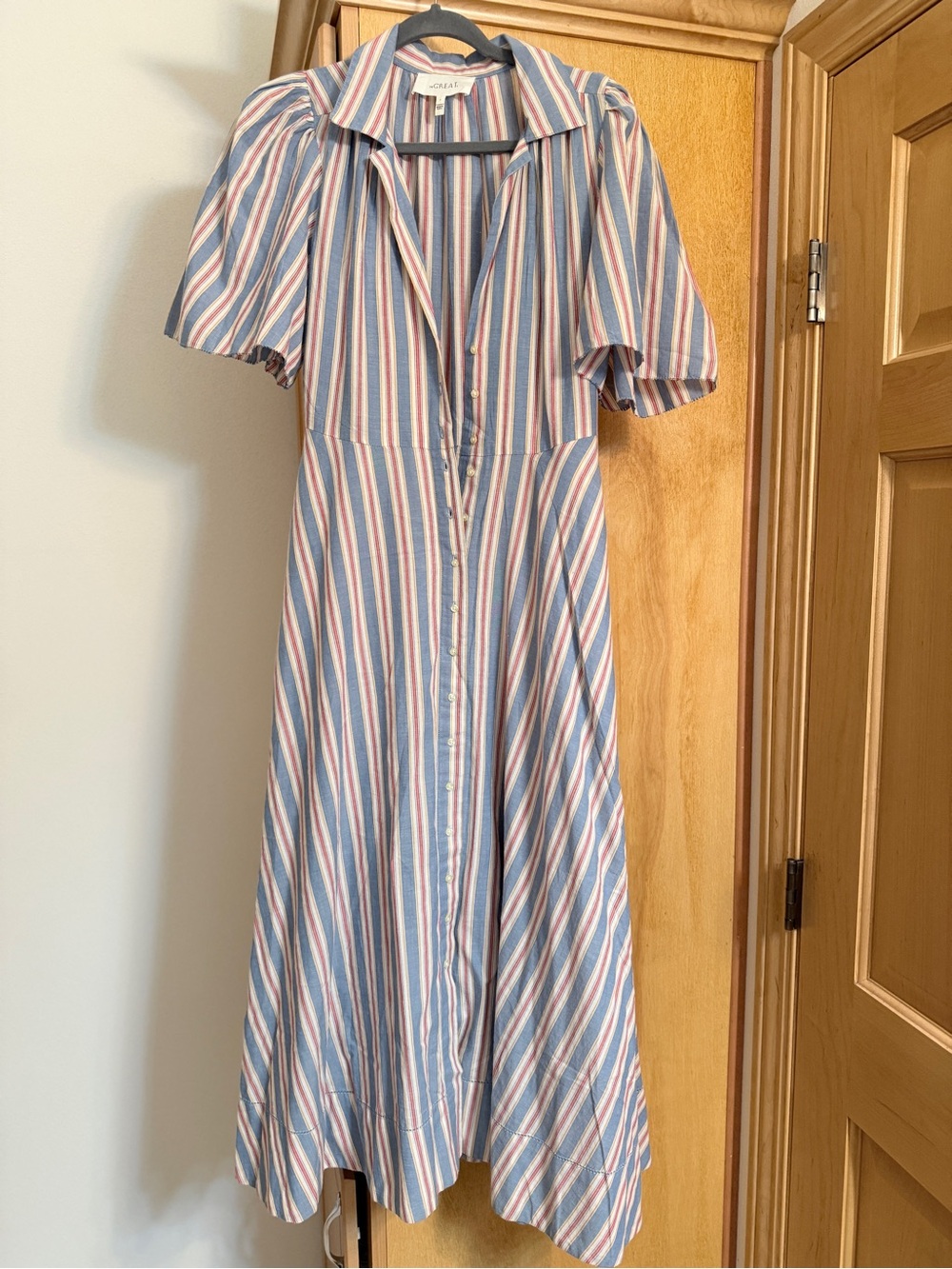 THE GREAT. Striped Midi Dress in Blue, White & Pink